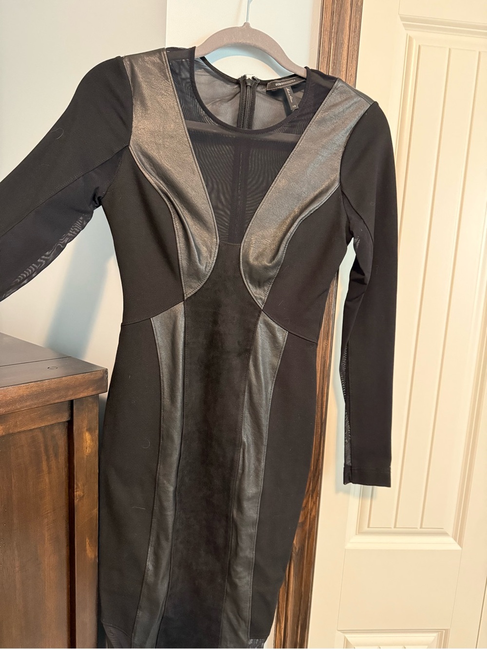 BCBGMaxAzria Black Long-Sleeve Faux-Leather Panel Bodycon Dress - Picture 5 of 7